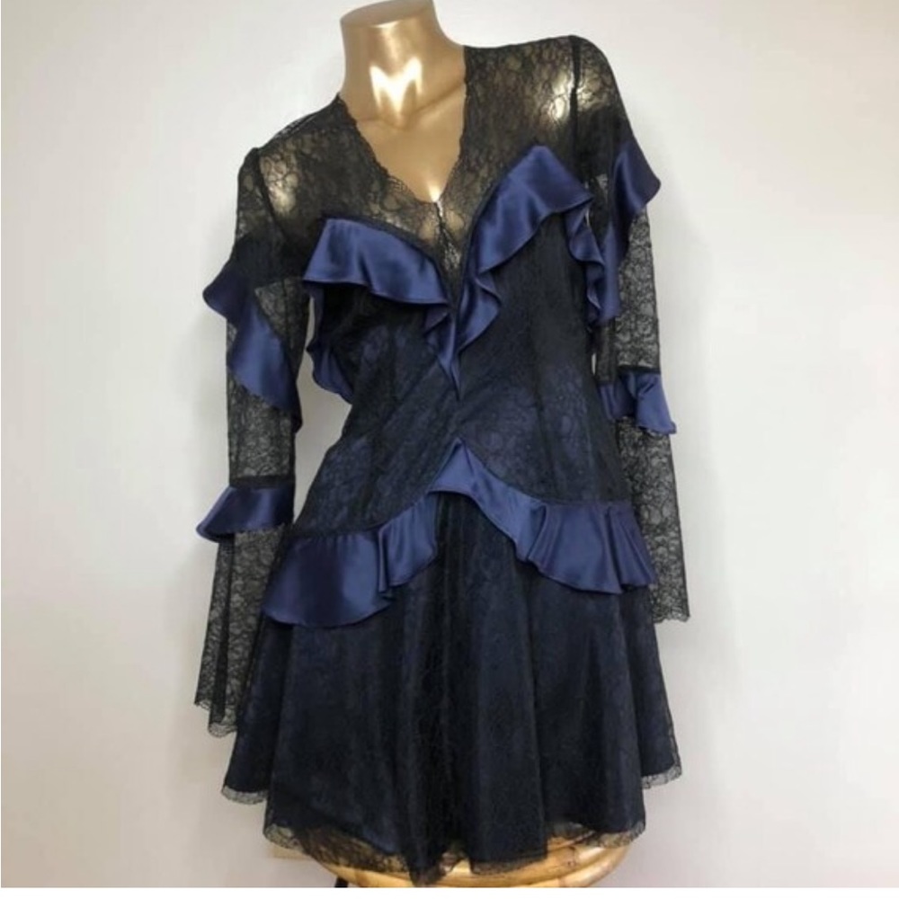 Lucia’s Sarto ♍️ navy blue dress. Satin and lace. Backless cutout
